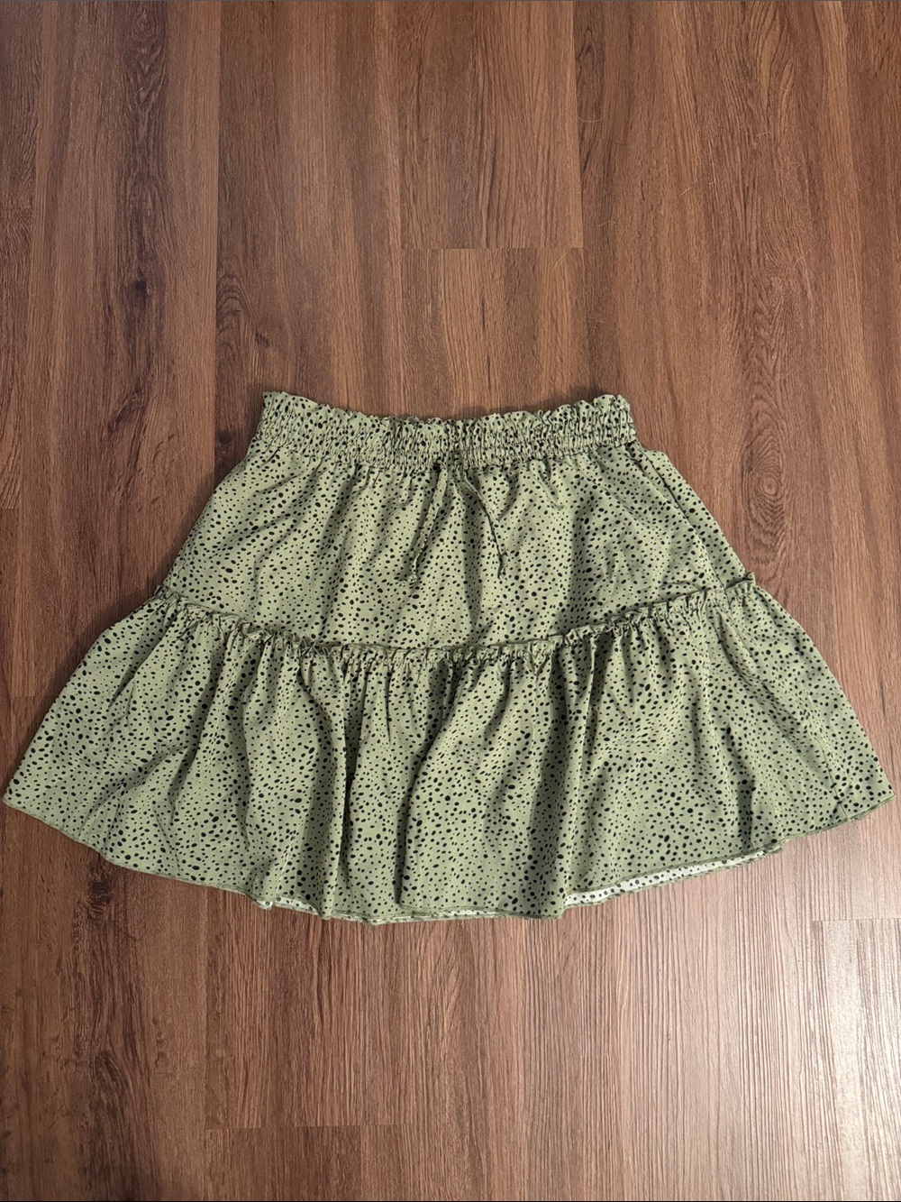 Olive Green Tiered Mini Skirt with Black Dot Print